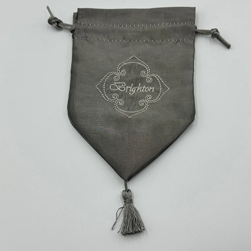 Brighton Grey Satin Jewelry Pouch Drawstring Gift Bag w/ Tassel Embroidered Logo
